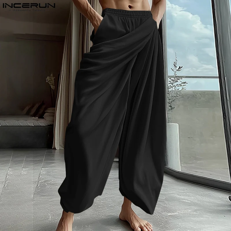 INCERUN Pleated Design Sense Long Pants Men Causal Elastic Waist Ruffled Edge Solid Color Trouser Simple Handsome Elegant Bottom