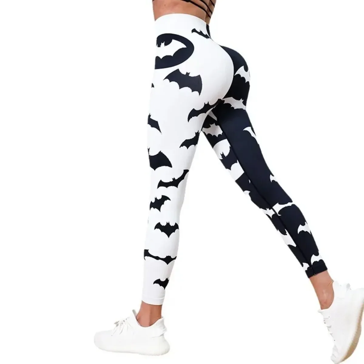 Women Yoga Leggings Black White Bat Printed Seamless Sexy High Waisted Fitness Exercise Gym Leggins Running Sports Pants Mujer