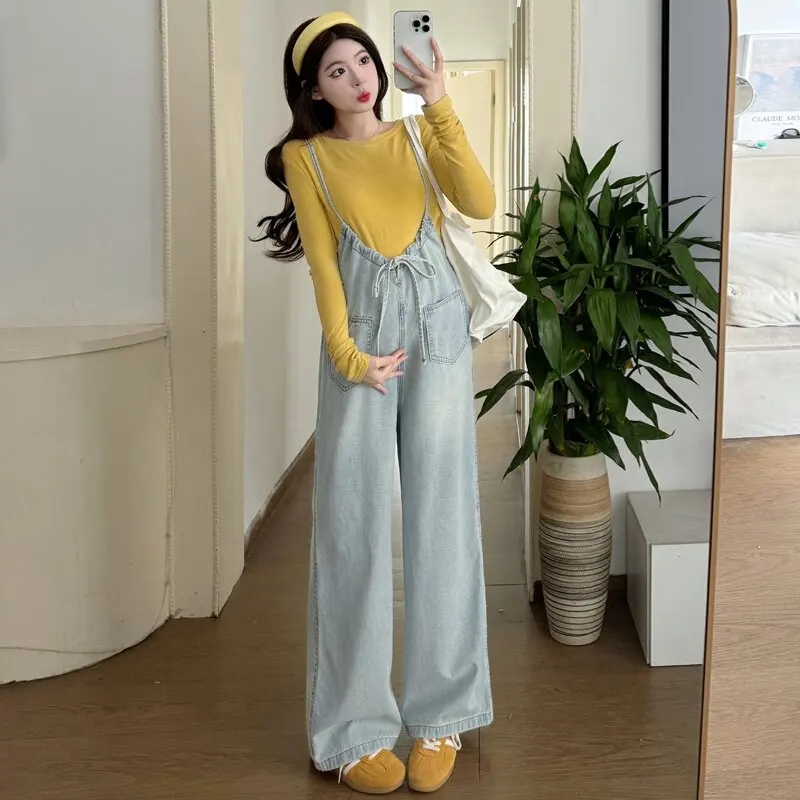 2025 spring new style maternity denim overalls Korean Fashion Wide Leg loose Straight Jumpsuit Jeans for Youth Pregnant Women