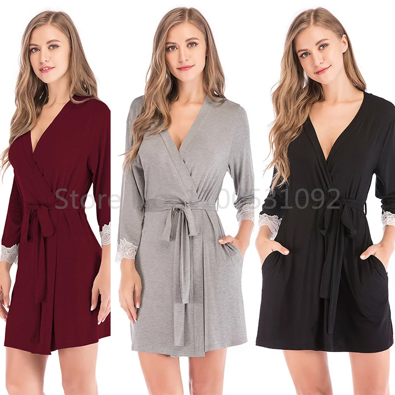 Grau Kimono Kleid Weibliche Kimono Robe Homewear Nachtwäsche Sexy Mini Nachtwäsche Nachthemd Komfortable Casual Weichen Hochzeit Robe