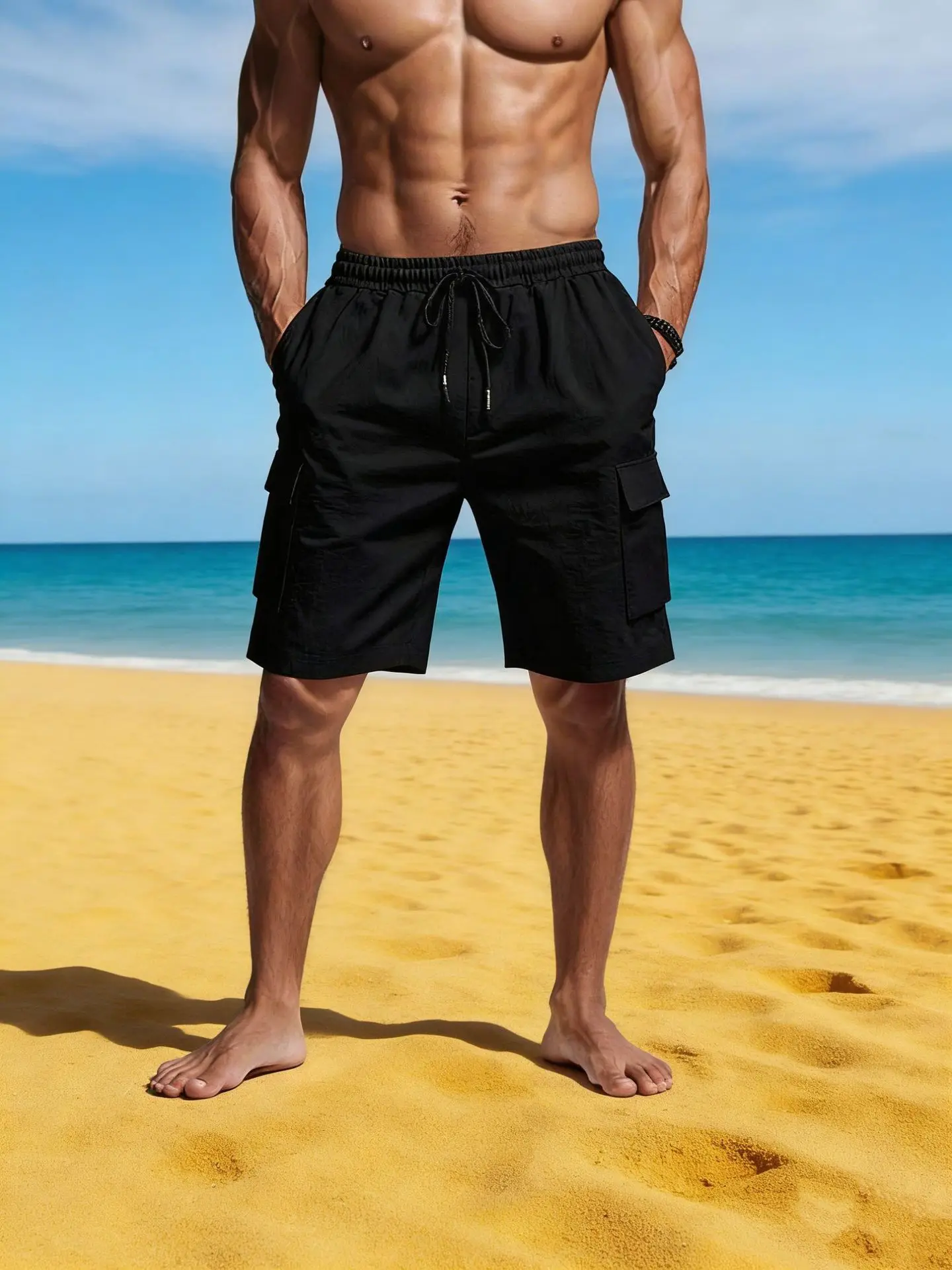 Male Cargo Pants Knee Shorts Classic Summer Shorts Multiple Pockets Large Size Casual Half Pants Khaki Army Green Shorts