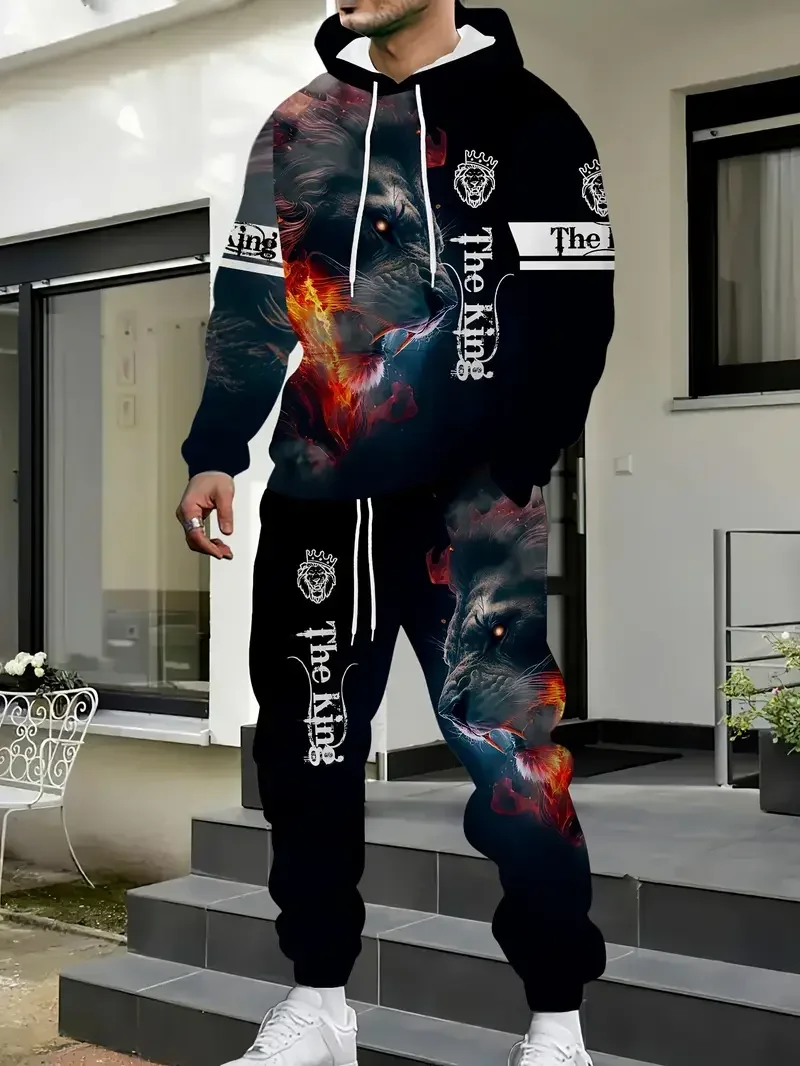 

Новый комплект мужских толстовок с рисунком Короля Льва, одежда с 3d принтом животных, длинные рукава + брюки, 2 предмета, повседневные модные спортивные костюмы