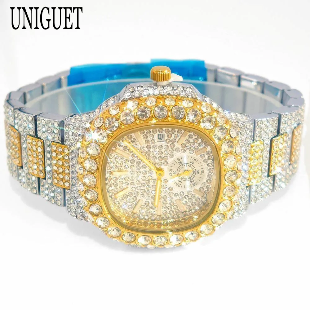 2024 Fashion Big Diamond Watches Men Brand UNIGUET Luxury Steel Hip Hop Man Bling Bling Jewelry Quartz Wristwatch Gift Hot Sell