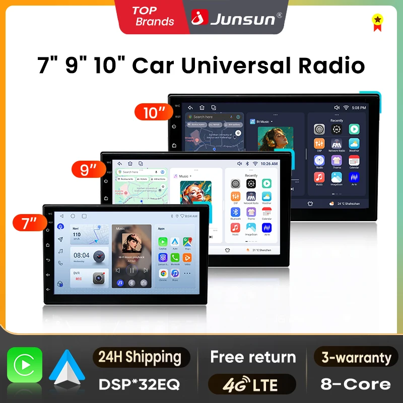 Junsun 4G WIFI 7'' 9'' 10'' Universelles Autoradio Kabelloses CarPlay Android Auto Für VW Fiat Renault Nissan Peugeot Ford Hyundai Kia Honda Toyota Seat IPS-Bildschirm Multimedia-Player 8-Kern