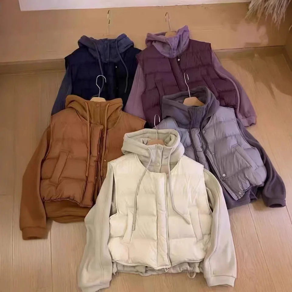 Down Cotton Vests Hoodie 2 Piece Sets Women Hooded Sweatshirt Waistcoat Suit Autumn Winter Ensemble Puffer Parkas Warm Outfits