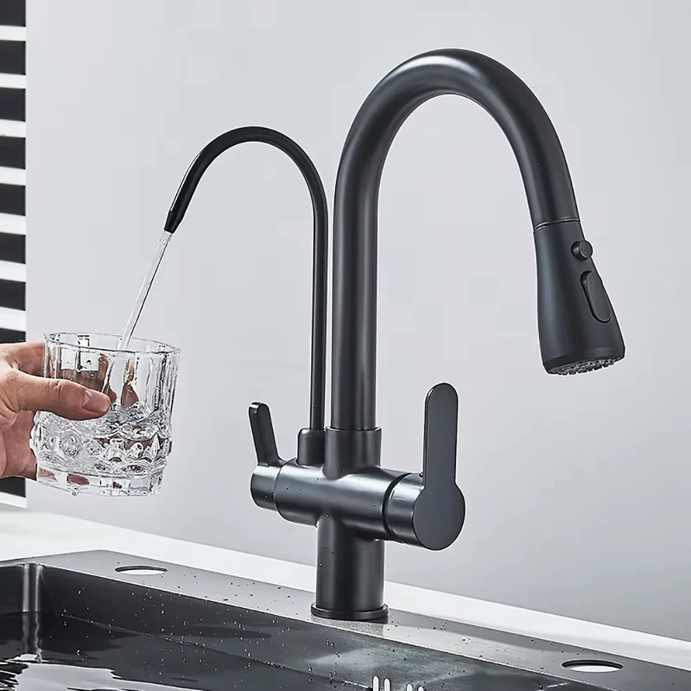 Black Pure Water Kitchen Faucet Dual Handle  Pull Out Kitchen Mixer Taps Hot Cold Water Mixer Tap 3 in 1 Water Filter Purifier