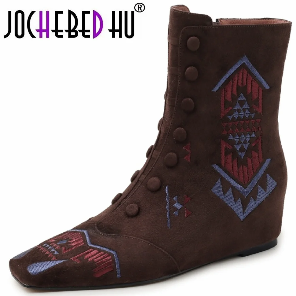【JOCHEBED HU】Handmade Genuine Leather Embroidered Boots Tube Low Heel Women Footwear Winter Season Square Toe Slope Heel 33-40
