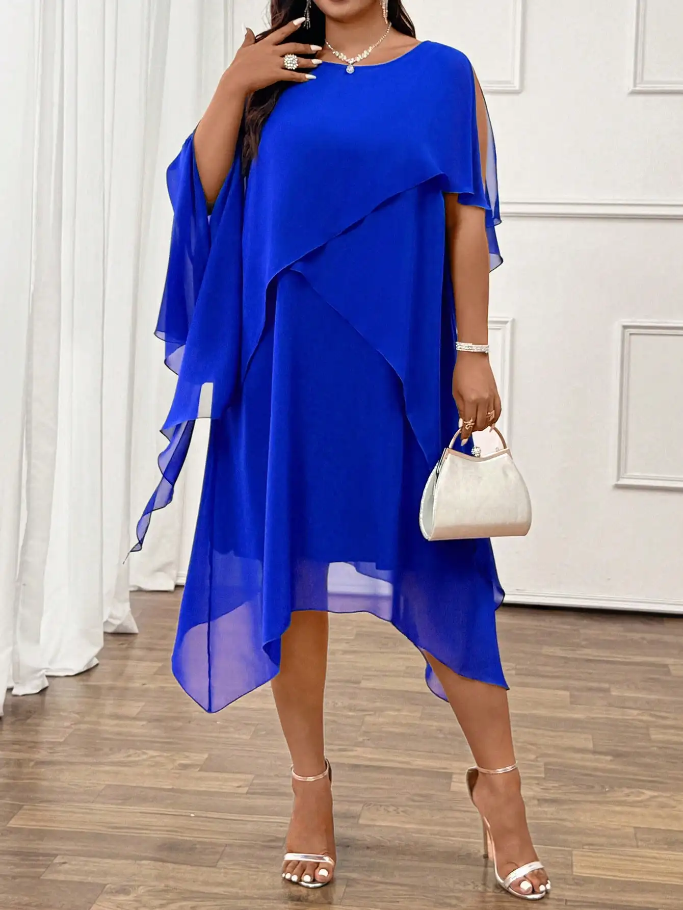 

Elegant Chiffon Round Neck Short Sleeve Asymmetrical Midi Dress For Party And Commuting