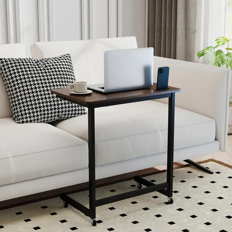 C-Shaped Side Table With Wheels, Industrial Metal Frame, Built-In Phone Slot, Movable Base For Sofa Or Bedside Reading, Rustic Brown Finish