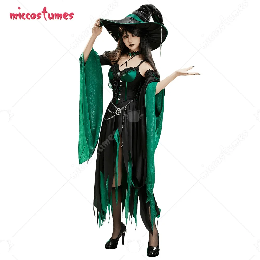 

Miccostumes Women's Costume Witch Cosplay Gothic Halter Top and Irregular Skirt with Sleeves and Hat Halloween cosplay costume