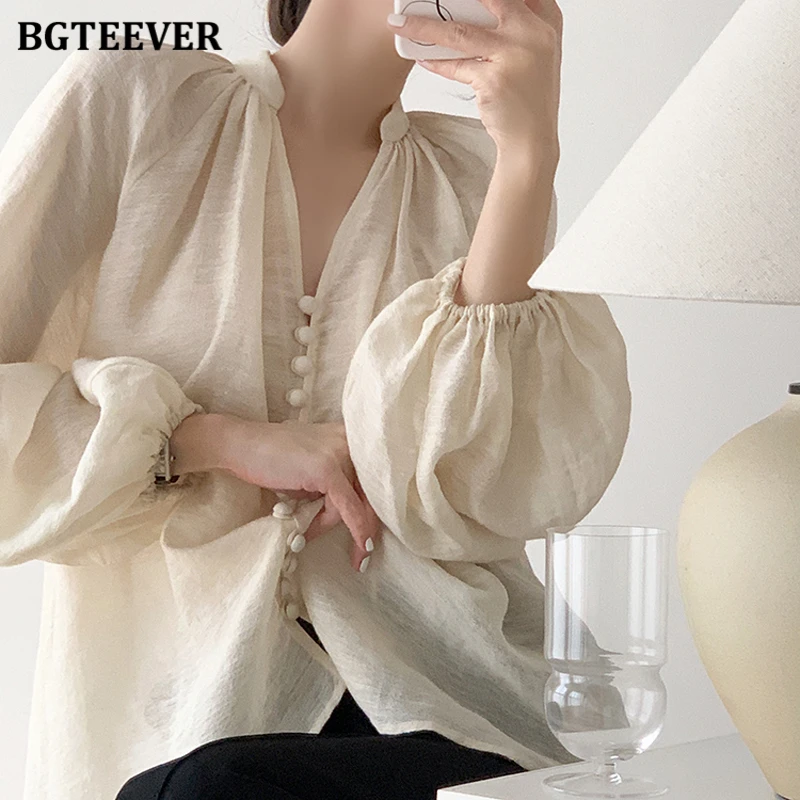 BGTEEVER Casual V-neck Loose Lace-up Women Shirts Tops Spring Autumn Stylish Lantern Sleeve Cotton Linen Women Blouses