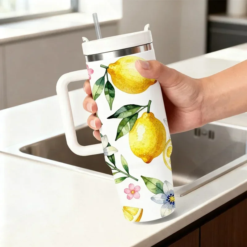 40oz White Base Watercolor Yellow Lemon Green Leaf Pink White Floral Print Insulated Stainless Steel Travel Tumbler With White Handle Straw Lid Large Thermal Cup