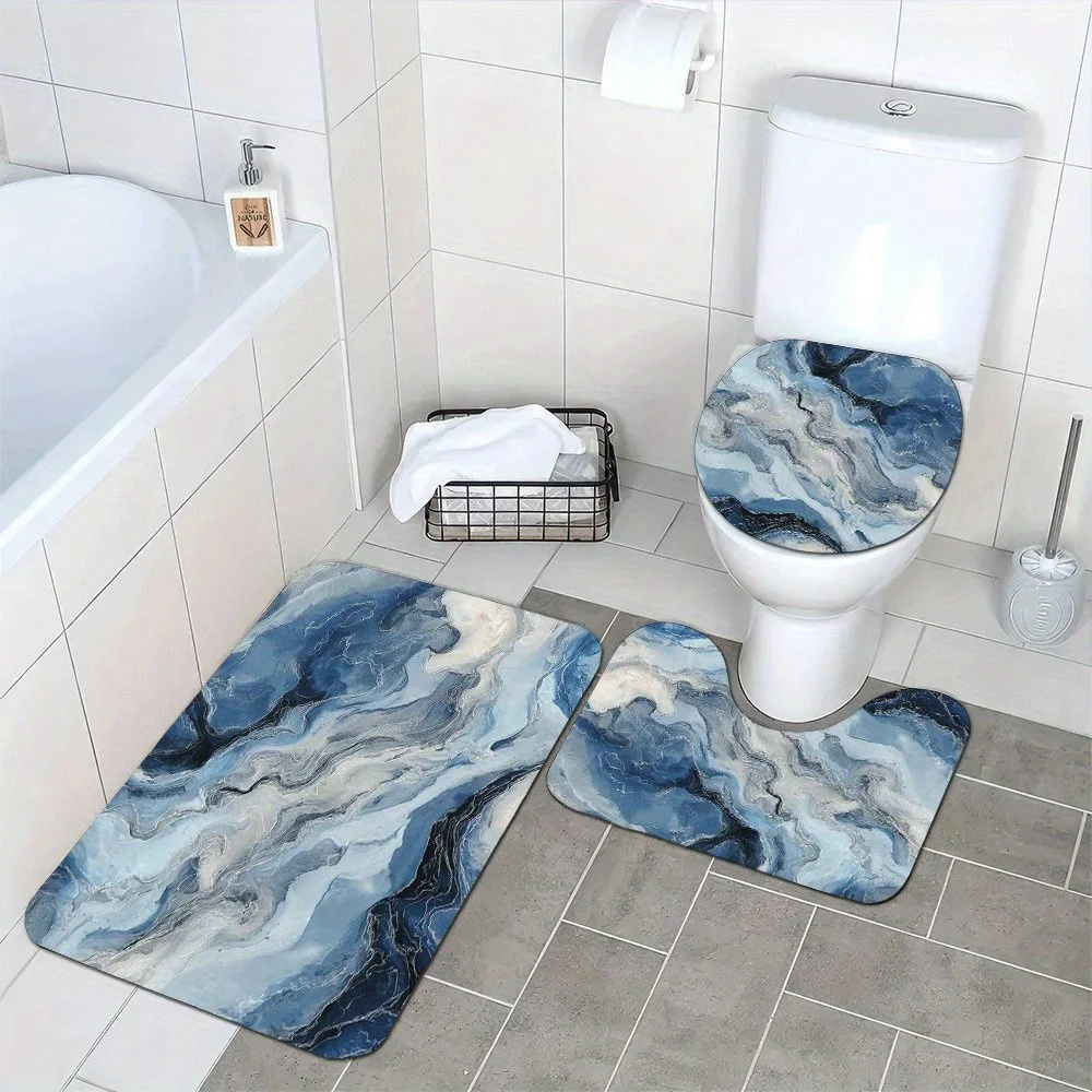 

3pc Blue ink pattern bathroom set, U-shaped mat, non-slip mat, toilet seat cover, suitable for bathroom decor.