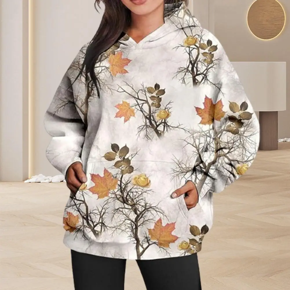 

Women Autumn Winter Loose Fit Hoodie Maple Leaf Print Hooded Long Sleeve Sweatshirt Front Pocket Sport Tops