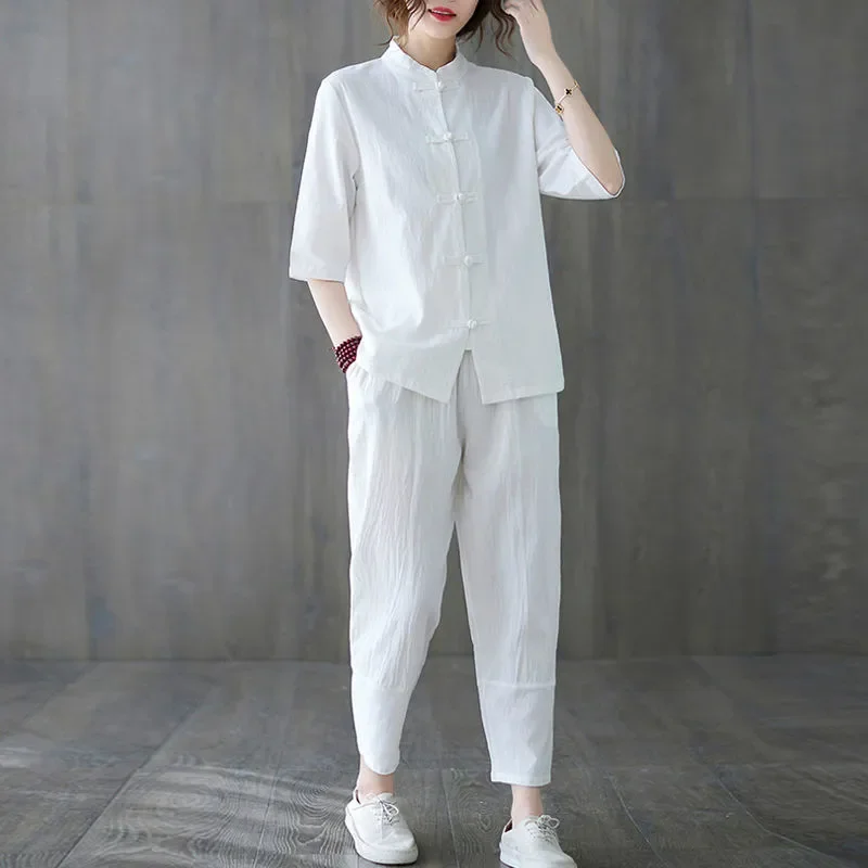 Chinese Style Women Solid Cotton Tang Suit 2PCS Shirt&Pant Hanfu Clothes Set Traditional Taichi Sets Breathable Kung Fu Suits