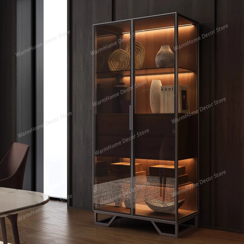 

Modern Luxury Carbon Steel Plus Tempered Glass Display Cabinet Living Room Cabinets Storage Locker Cabinet Armoire Furniture