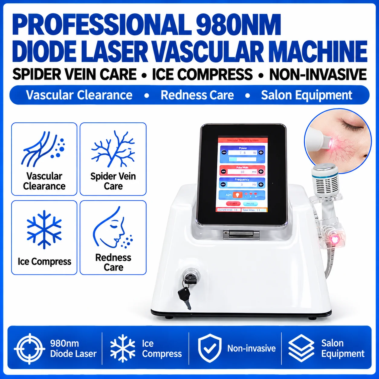 Professional 980nm Diode Laser Vascular Clearance Spider Vein Machine Ice Compress Non-invasive Redness Care Salon Equipment