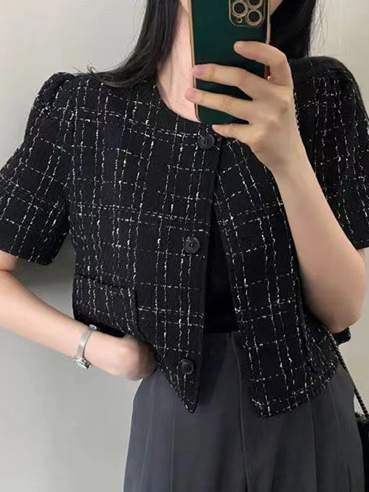 Abrigo corto e para mujer, cárdigan abierto de Tweed hoado con cuello redondo fino y doble bolsillo, Top estilo viaj...