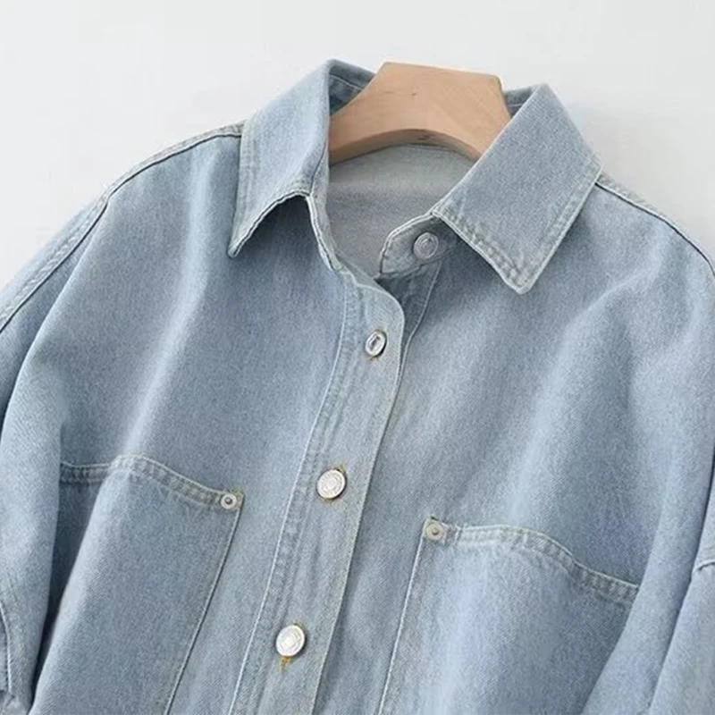 Willshela Women Fashion With Pockets Denim Solid Single Breasted Blouse Vintage Lapel Neck Long Sleeves Female Chic Lady Shirts