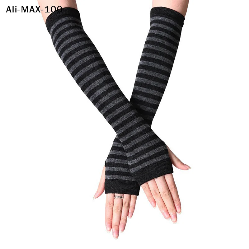 【AM3】Warme lange Winterhandschuhe für Männer und Frauen, fingerlose, gestreifte, gestrickte Ellbogenhandschuhe, elastische Outdoor-Mode, warme Handgelenkhandschuhe