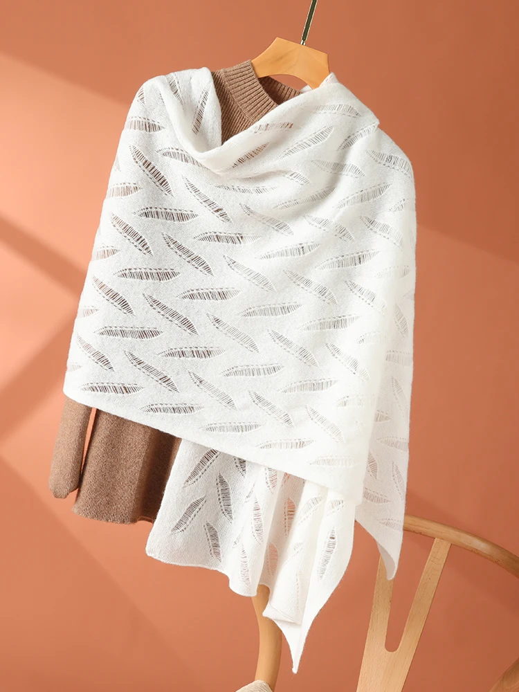 

TLOML New Women's 100% Merino Wool Scarf Autumn Winter Knitted Long Shawl Casual Style Soft Warm Cable Knit Leaf Pattern Shawl