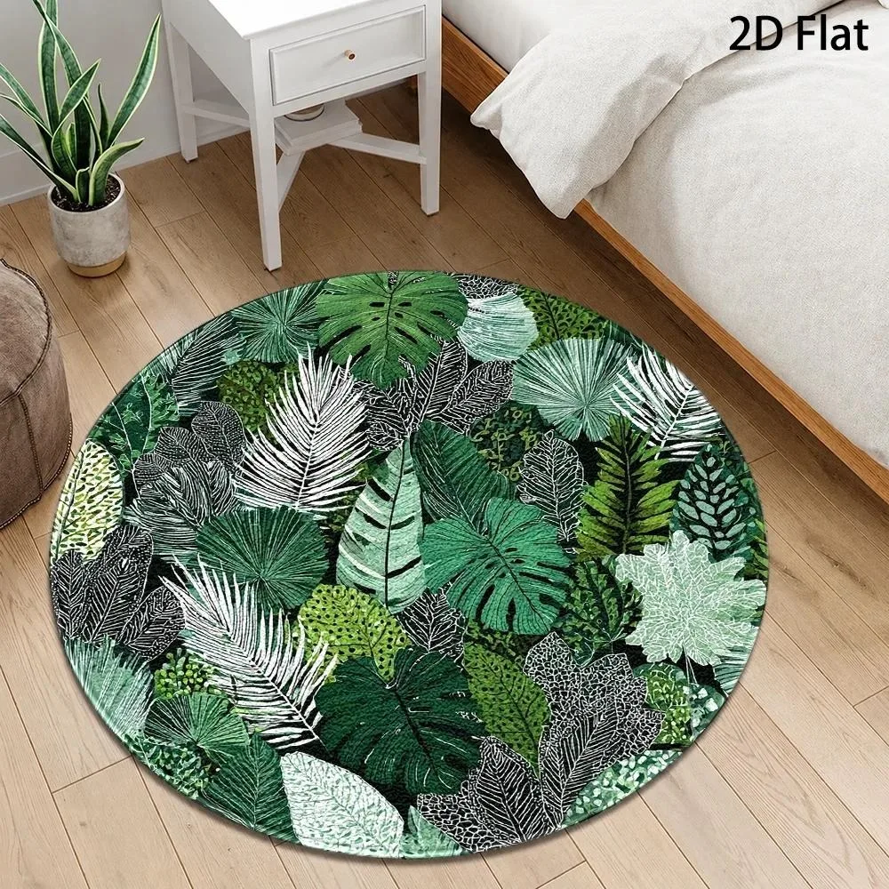 Tropical Jungle Leaf Round Rug Green Palm Fern Exotic Botanical Foliage Texture Print Circular Floor Mat for Living Room Bedroom