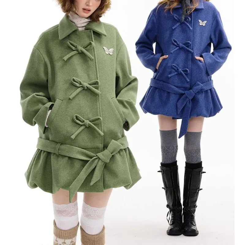 

Autumn and Winter American Retro Design Bow Medium and Long Coat Age-reducing College Style Small Man
