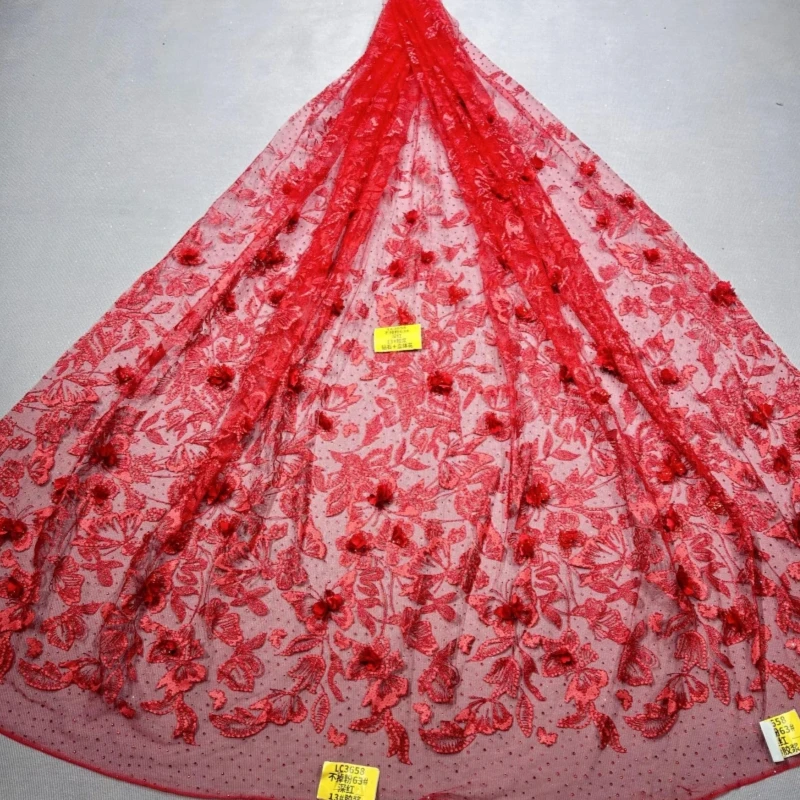 10Yards Red Not shedding powder dimensional flower Wedding Dress Fabric Mesh Gold Glued Spray Tull Wedding Party fabrics