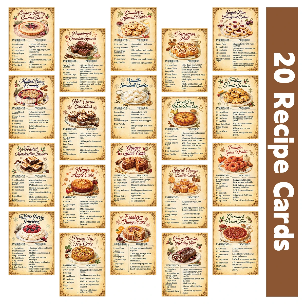 20pcs Christmas Cookie Cake Pastry Recipe Cards,Baking Instruction Card With Ingredients&Procedures For Kitchen,Xmas Party Decor