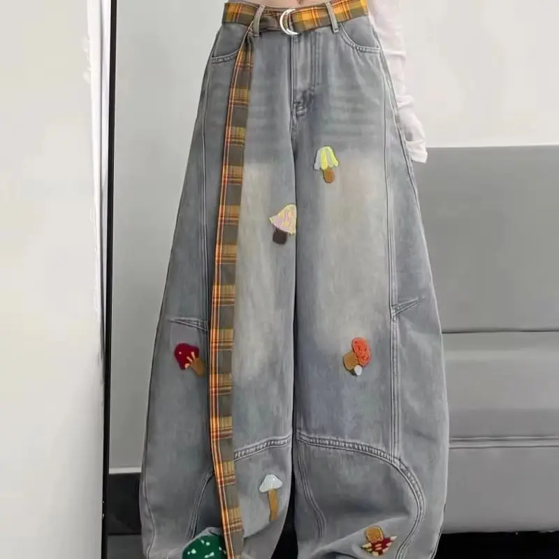 Cartoon Dachshund Three-dimensional Embroidered Jeans for Women's Autumn Winter New Mid-waist Thin Loose Straight Wide-leg Pants