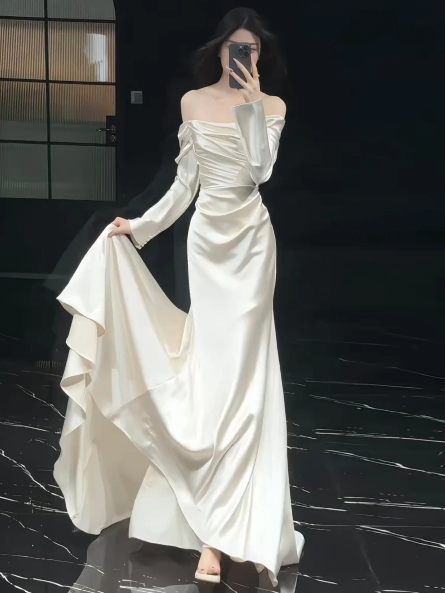 

Ele Simple Satin Long Sve One oulder Wedding Dr Floor Length Train White Lightweight Bridal Gown for Hotel Indoor...