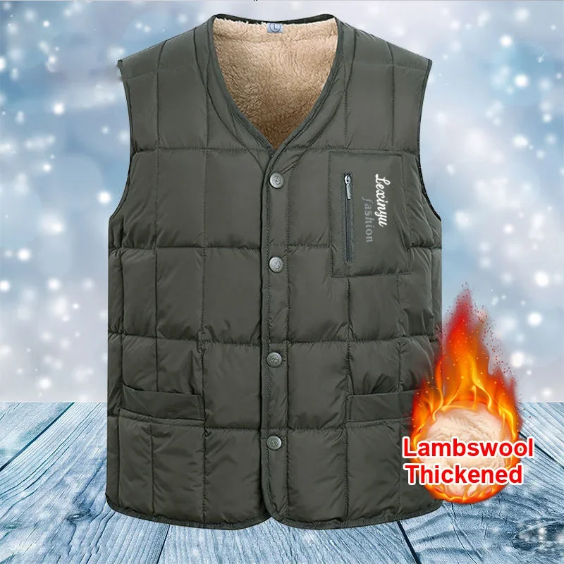

L-7XL Plus Men's Fleece-Lined Vests Autumn Winter Thickened Cotton Vest Top Sleeveless Outdoor Windproof Vest V-neck Jackets