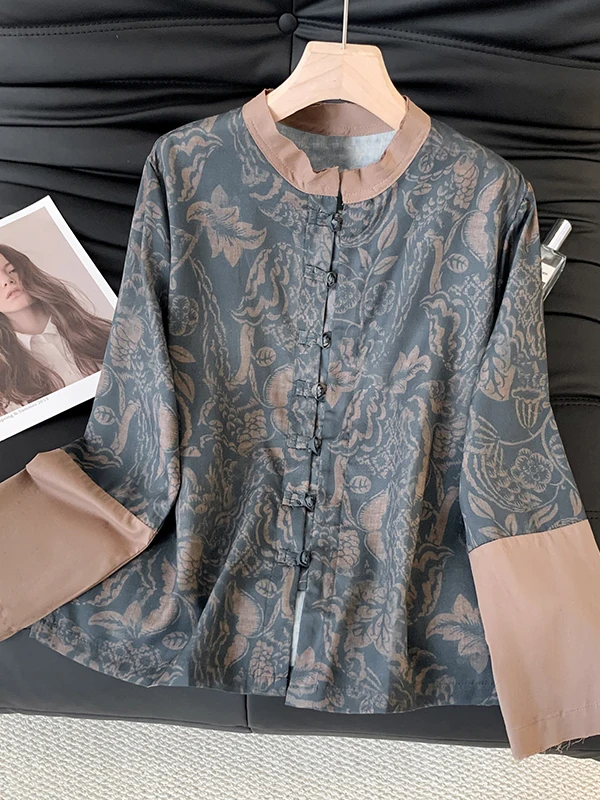 

Spring Floral Print Splice Color Blo Collar Button Long Sve Women's irt Large Size Stand Collar Traditional Chinese Sle