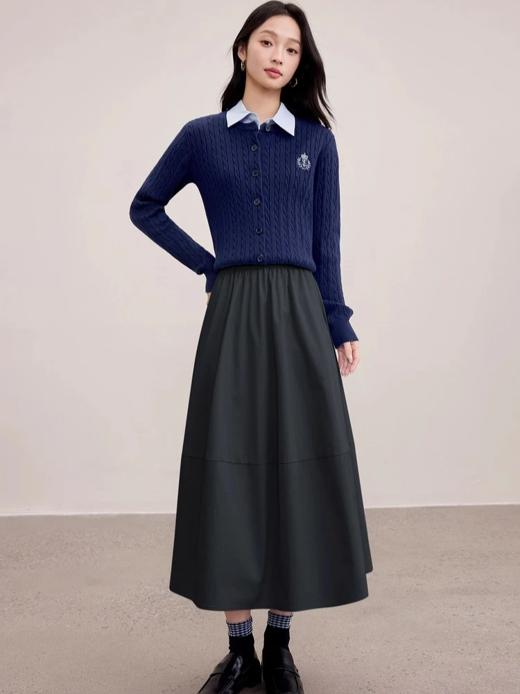 SENTUBILA faldas acampanadas para mujer 100% algodón 2025 otoño faldas largas negras holgadas simples falda cálida y cómoda para mujer de oficina 153QG2856