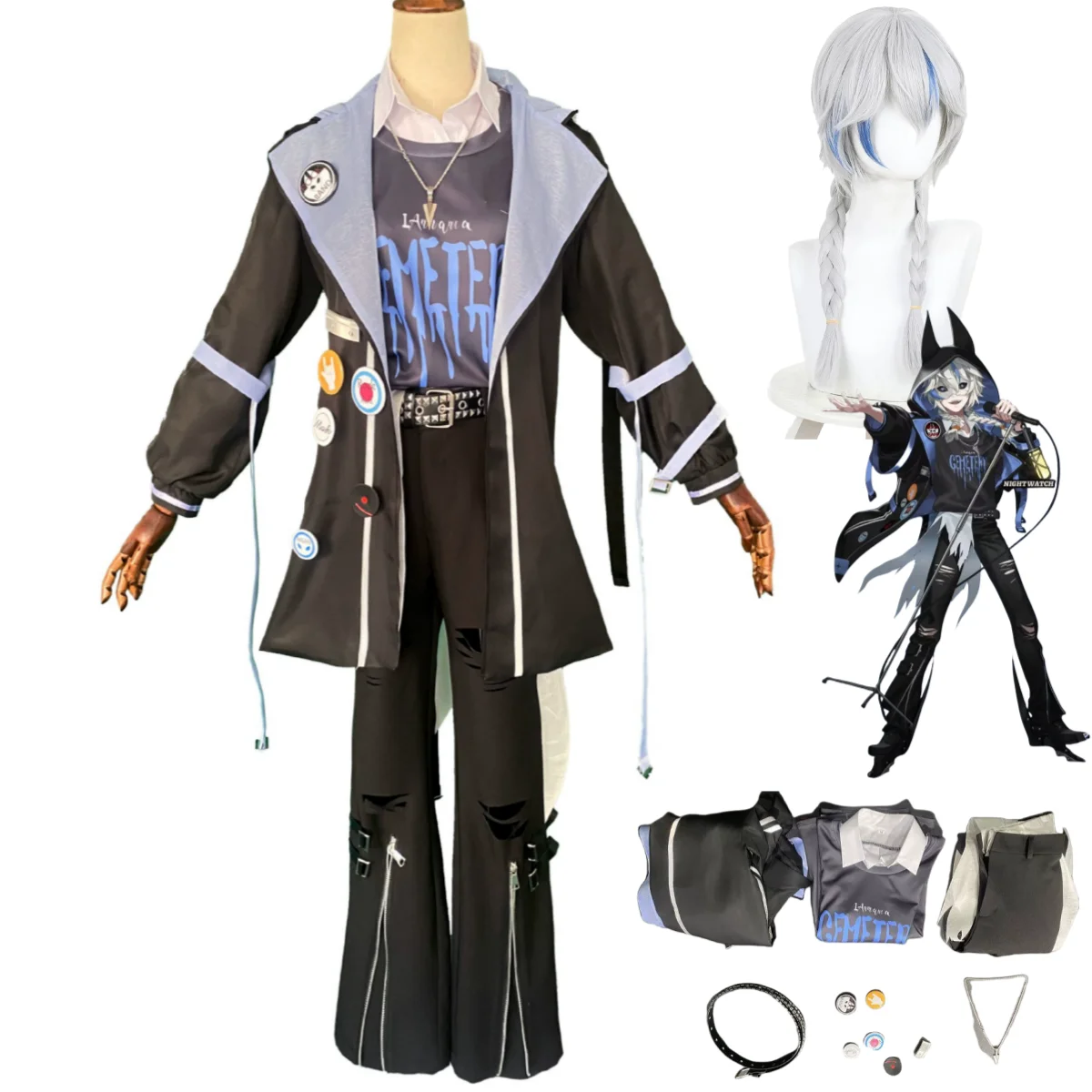 

Game Identity Ⅴ Ithaqua Night Watch Cosplay Costume Rock Band Hooded Coat Shirt Uniform Full Set Wig Man Carnival Party Suit