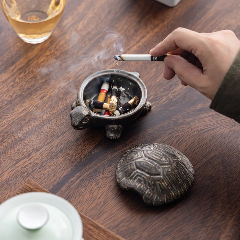 Lidded Longevity Turtle Ceramic Ashtray - Anti-Ash Flying Tea Pet, Multi-Scene Decor for Home Office Living Room
