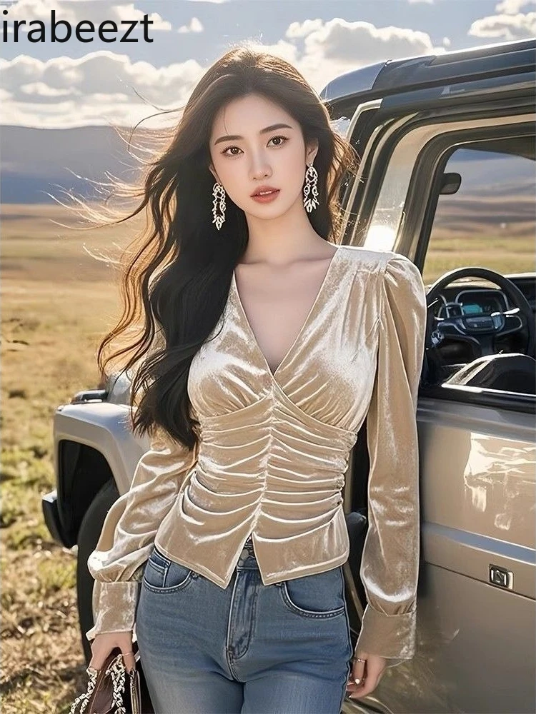 

New Women's Velvet Blouse Long Sleeve V-Neck Belted French Style Tops Elegant Fall Winter Shirt Slim Fit Base Layer