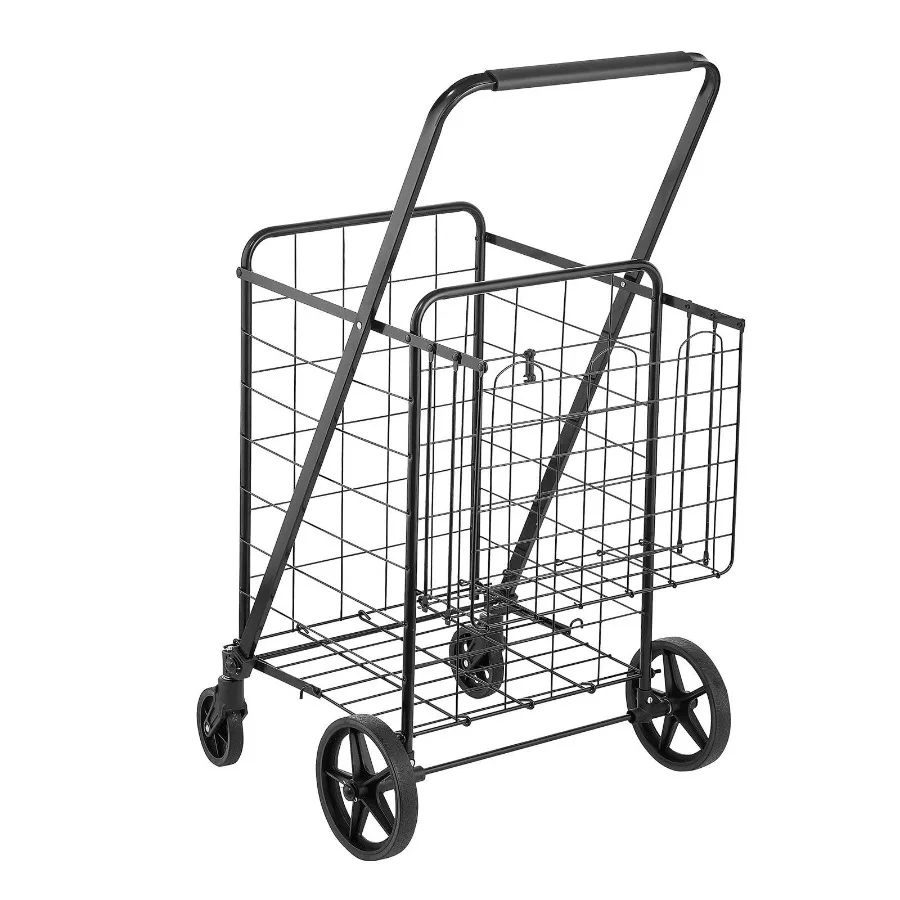 

Folding Shopping Cart Jumbo Grocery Cart with Double Baskets 360° Swivel Wheels Heavy Duty Utility Cart 110 LBS Large Cap