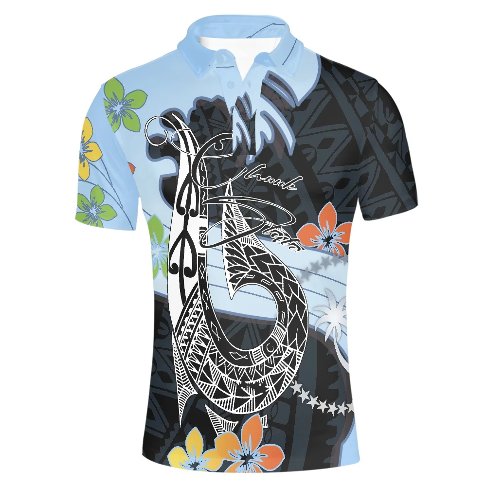 Summer Plus Size Polynesian Tribal Design Retro Black Gray Print Shirt Men's Stand-up Collar Short-Sleeve Mens Polo T Shirts