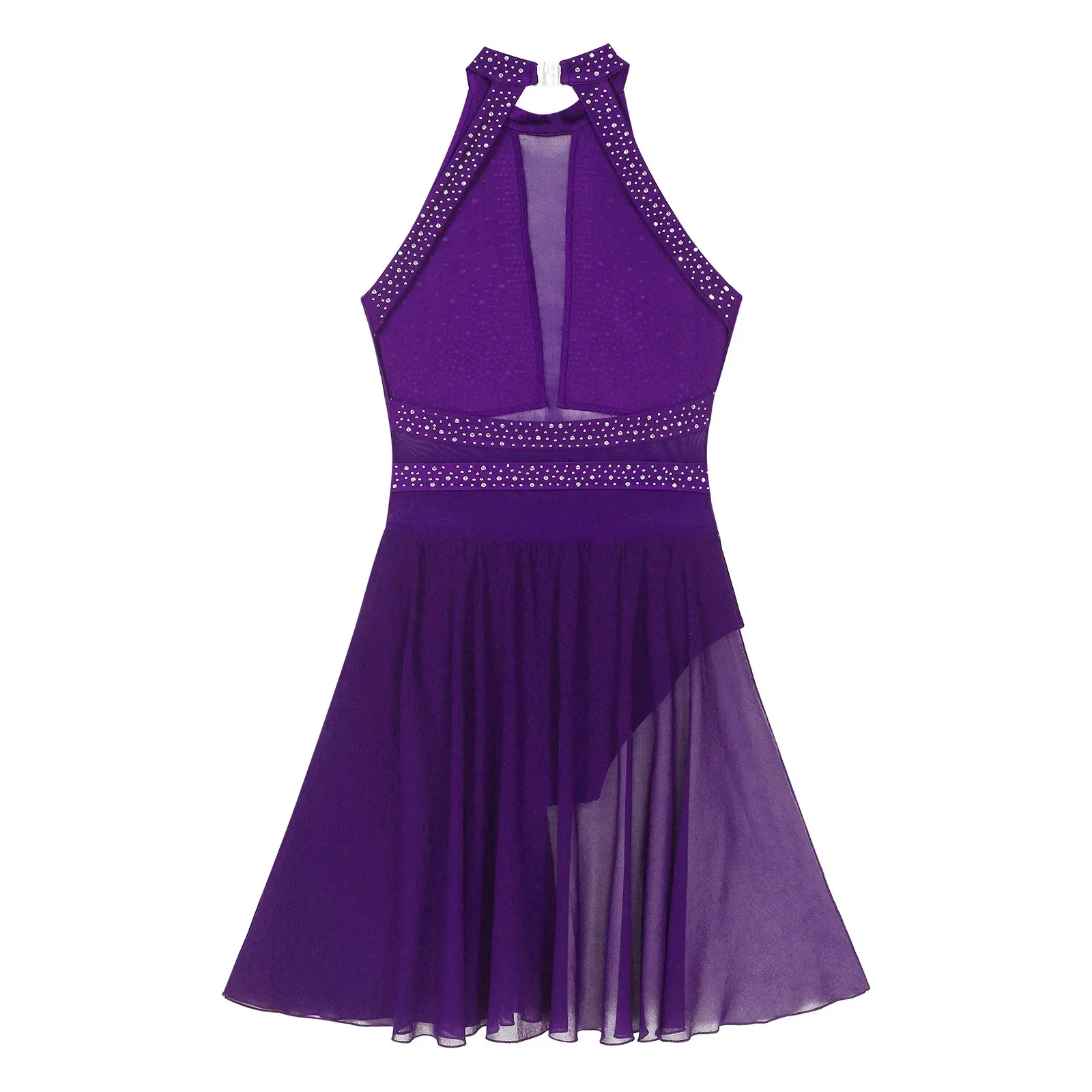 Damen glitzerndes Strass-Ballett-Lyrical-Tanzkleid, durchsichtiges Netz, rückenfrei, Trikot-Kleider, Gymnastik, Eiskunstlauf-Tanzkostüm