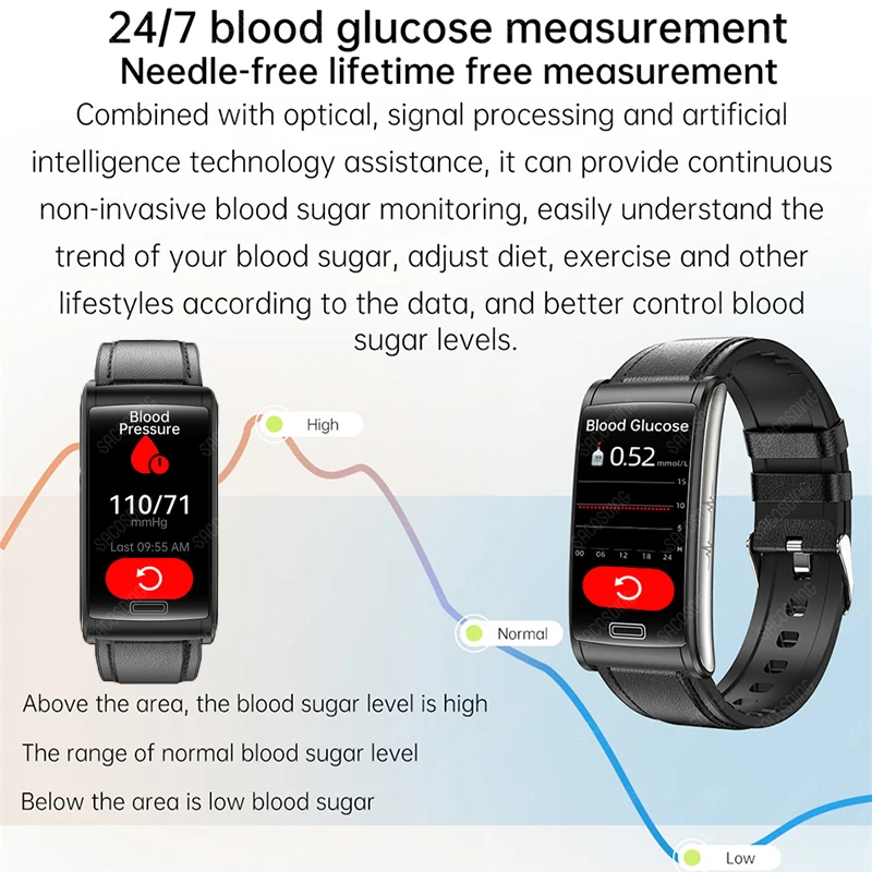 Non-Invasive Blood Glucose Smart Bracelet IP68 Water Proof Smartwatch ECG+PTT Blood Pressure Heart Rate Health Sport Smart Watch