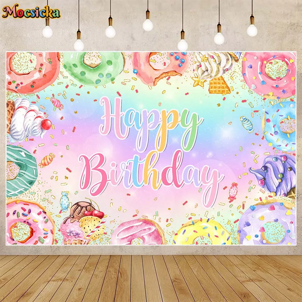 

Mocsicka Donut Ice Cream Kids Birthday Background Boy Girl Cartoon Birthday Party Decor Backdrop Photoshoot Dessert Table Banner