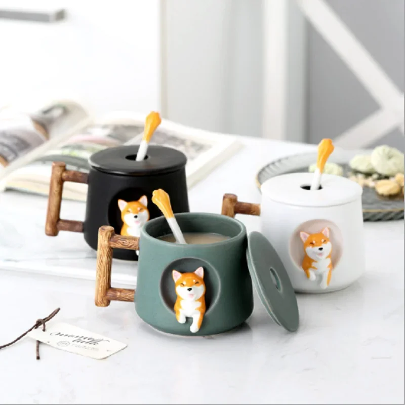 INS 420ml Cartoon Ceramic Mug Cute 3D Shiba Inu Pattern With Lid Spoon Girls Favorite Gift Brew Milk Tea Creative Coffee Cup