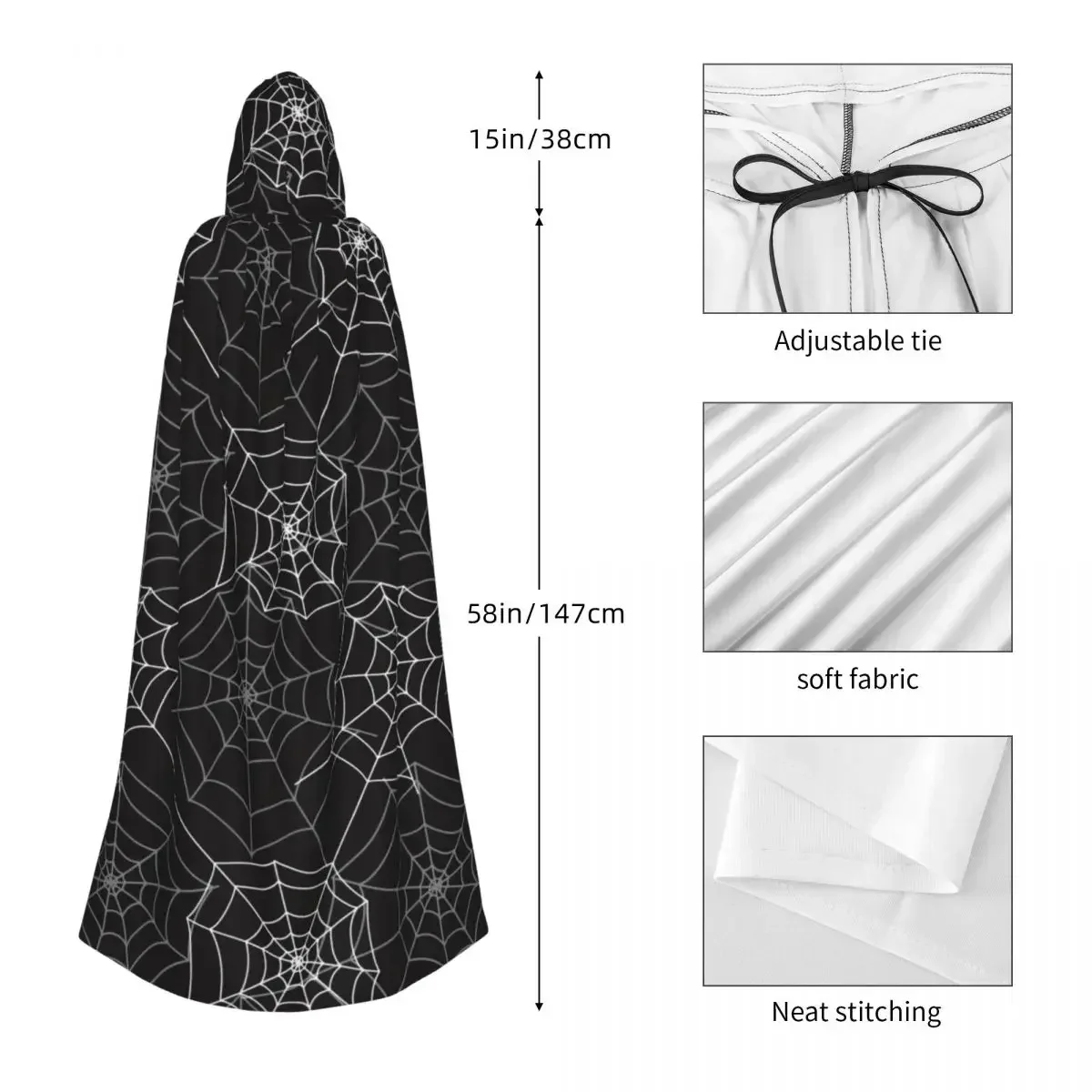 Kapuzenumhang mit Spinnennetz-Muster, Polyester, Unisex, Hexenumhang, Kostümzubehör