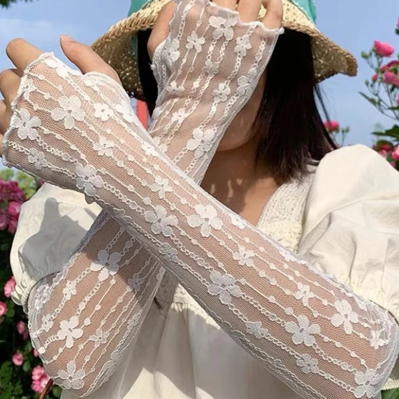 

2025 Summer Lace Fingerless Gloves UV Protection Arm Sleeves with Breathable Mesh & Thumb Hole for Cycling Yoga & Outdoor Sports
