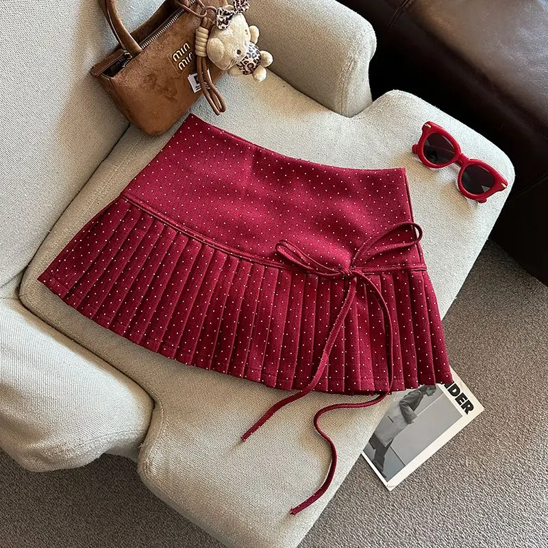 Autumn Lively Cute Pleated High Waist A-line Skirt Women Clothing Sweet All-match Polka Dot Pleated Skirt Female Bow Skirts