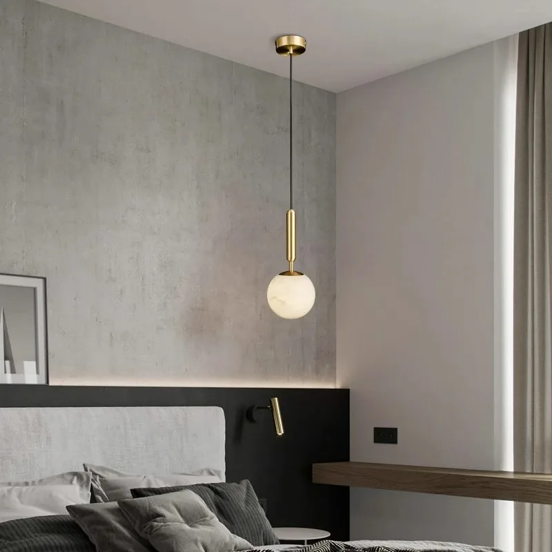 Postmodern Dining Room Sphere Marble Brass Pendant Light Apartment Bedroom Bedside Small Pendant Lamp