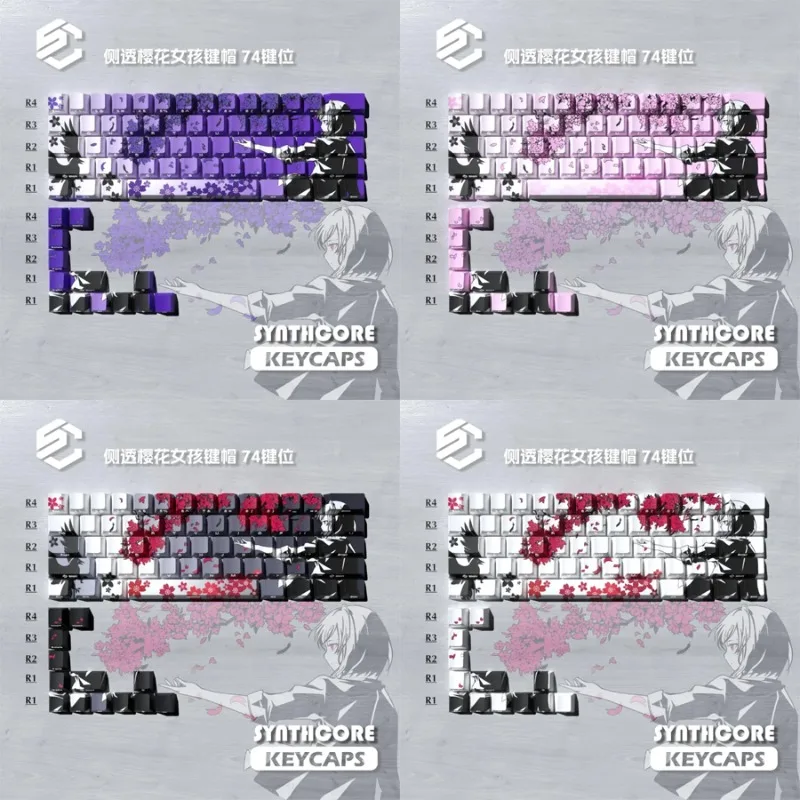 74Keys Keycaps Sakura Raven for 60/61/68 Side Engraved Translucent Gaming Keyboard Accessories DIY Mechanical Keyboard