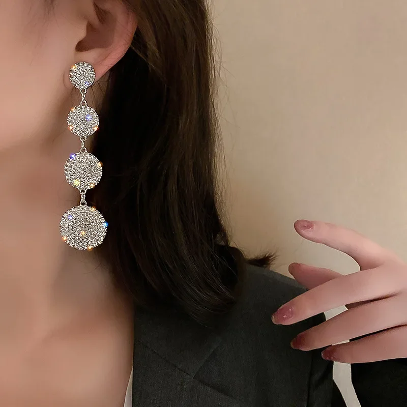 925 Silver needles geometric circle long earrings