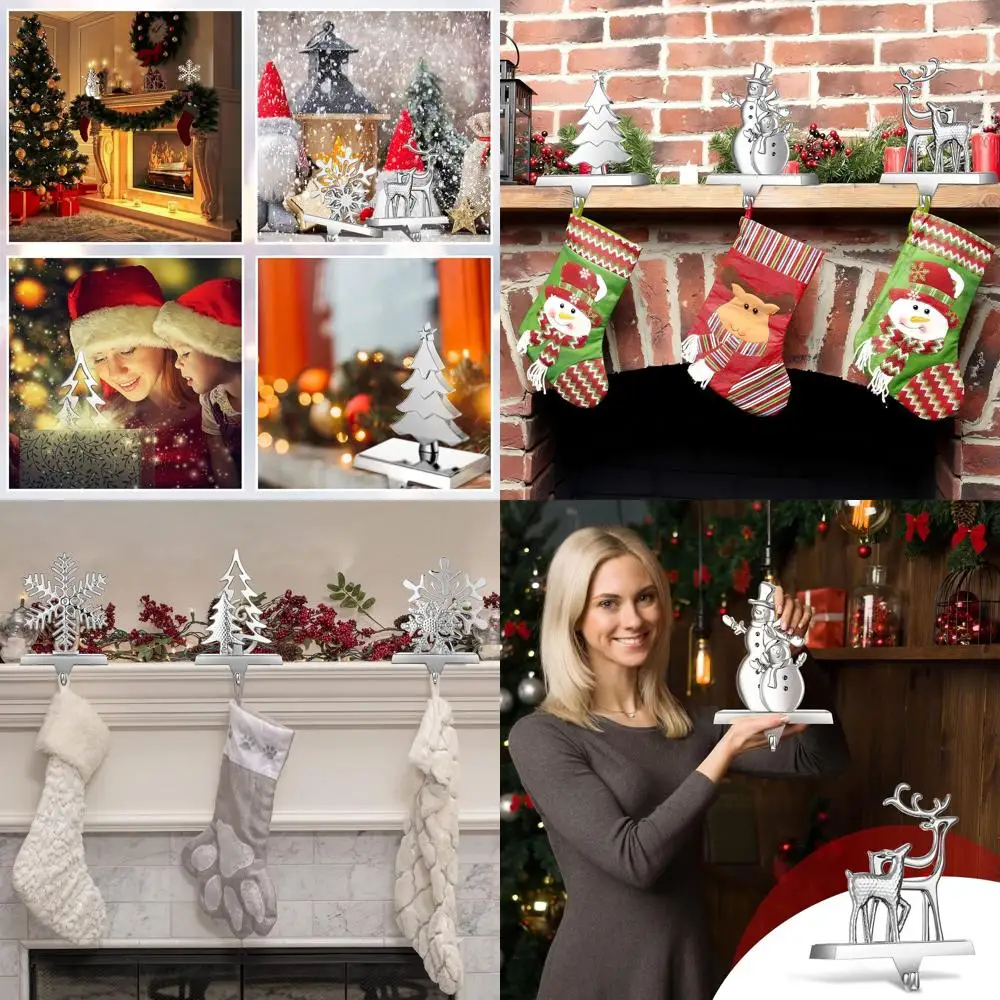 

6 Christmas Stocking Hangers - Silver Metal Snowflake, Snowman, Santa, Reindeer for Mantel, Fireplace, Xmas Party, Home Decor